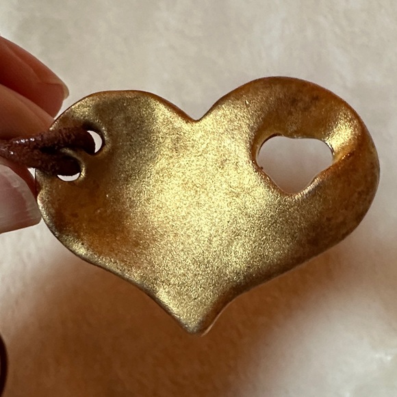 Gold Heart Pendant Necklace with Leather Brown Cord Crystal accent - Picture 8 of 11